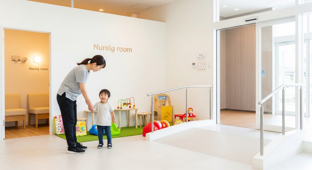 子連れ可能な産後ケア用のジムに通うためにジムを見学するママ