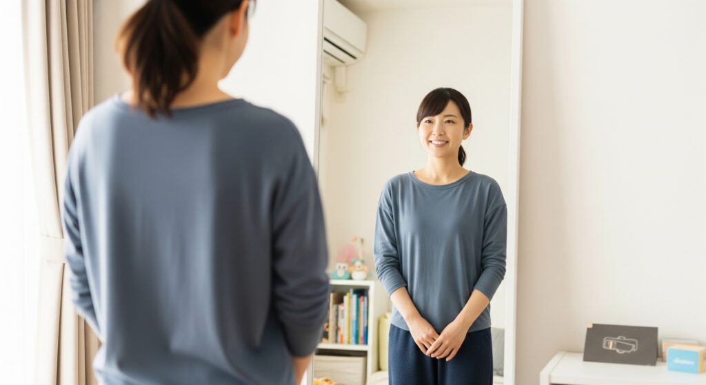 産後のボディメイクに成功した姿を鏡で見ているママ