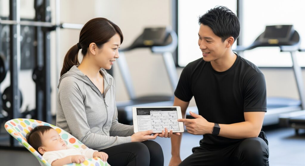 産後のダイエットにジムに通いパーソナルトレーナーと計画を立てるママ