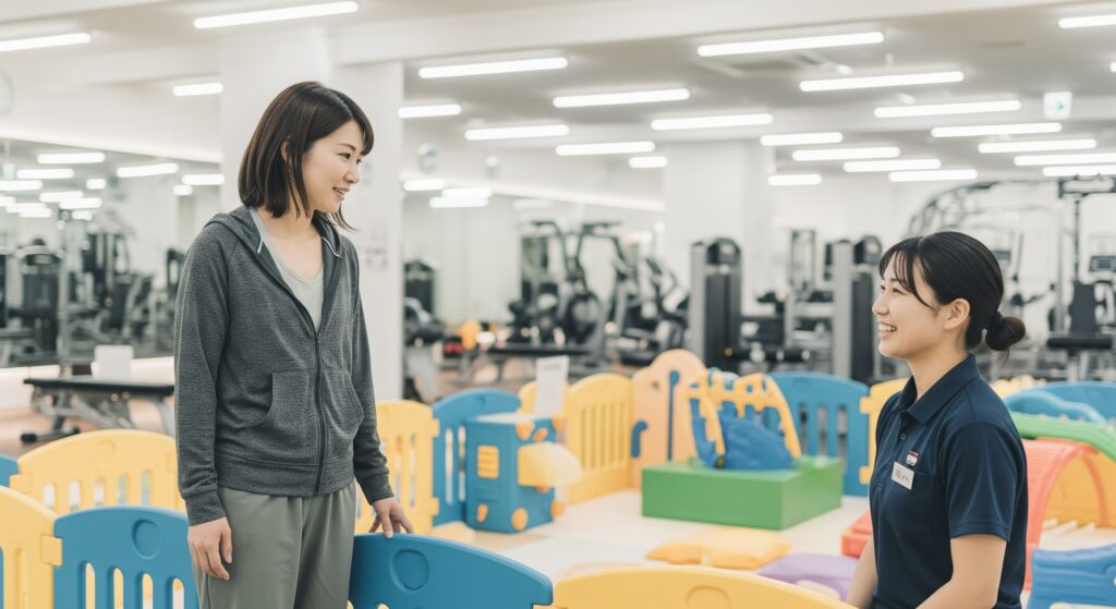 子連れ可能な産後ケア用のジムに通い、トレーナーと話し合うママ
