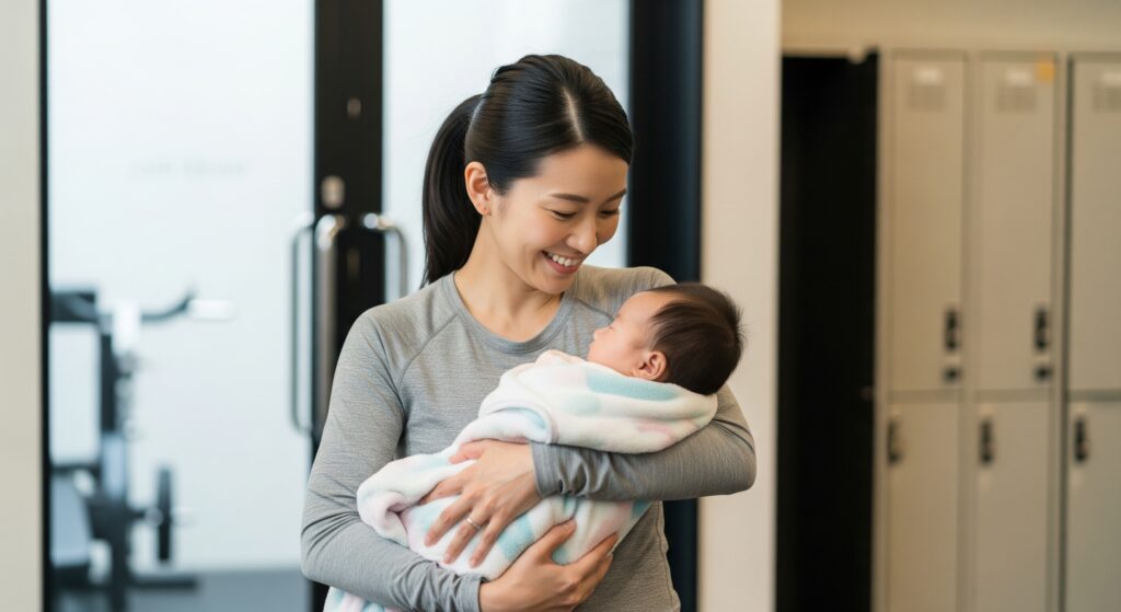 子連れ可能な産後ケア用のジムに通い、トレーニング後に子どもを抱くママ