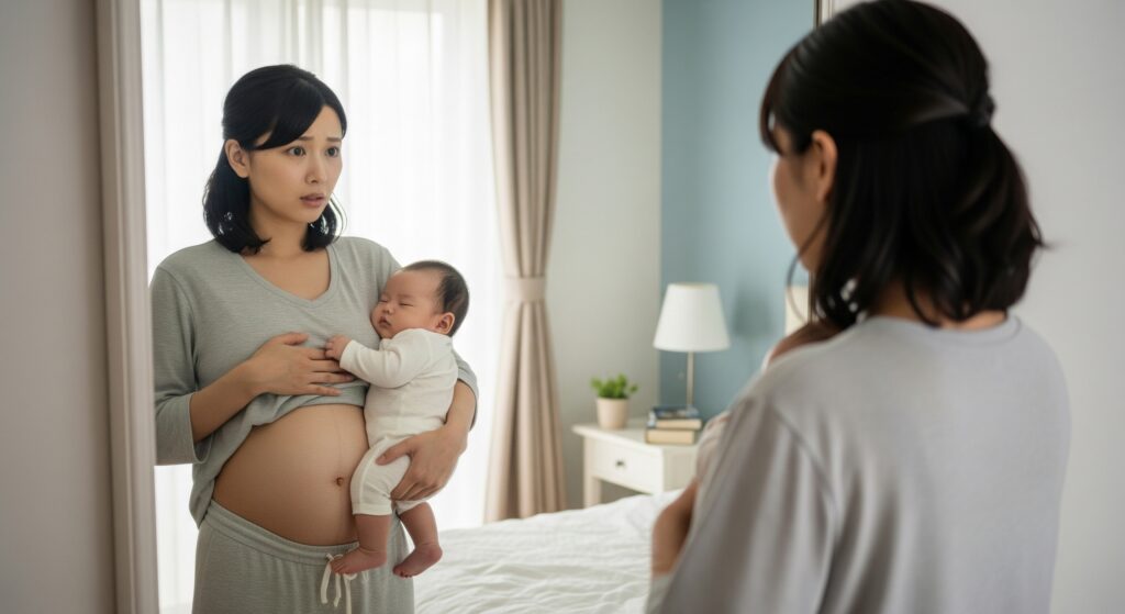 産後のママが鏡の前でフィットネスをすることを決意する様子