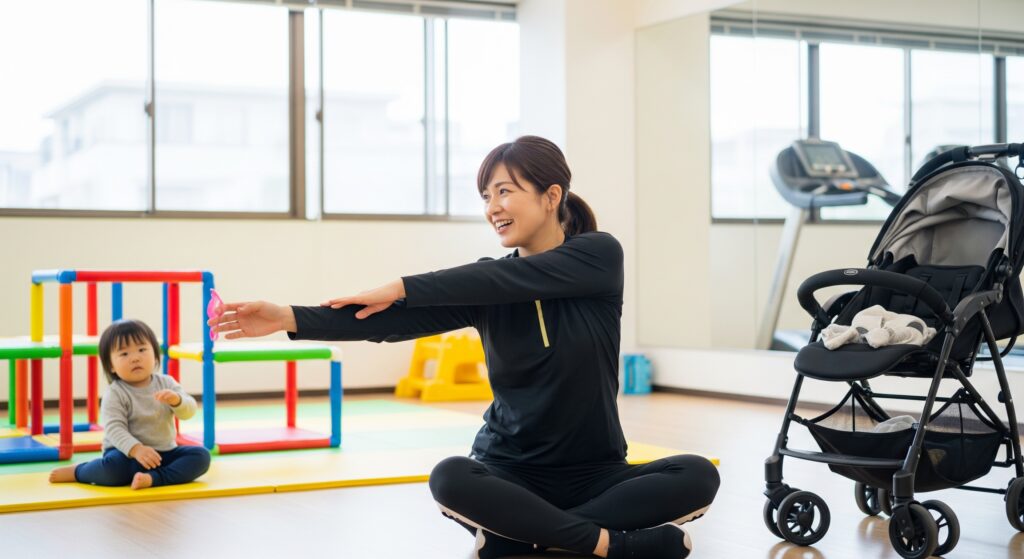 子連れ可能な産後ケア用のジムに通い、ストレッチを行うママ