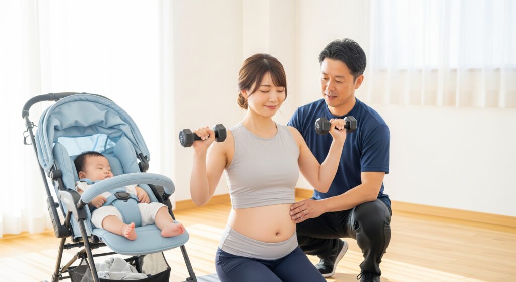 産後ダイエットでパーソナルジムに通い、トレーナーから指導を受けるママ