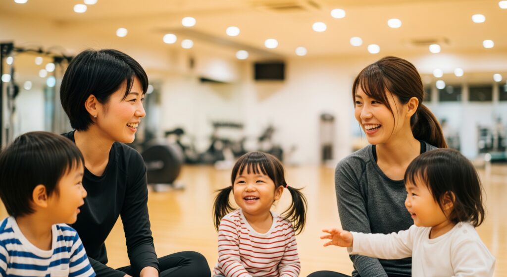 子連れ可能な産後ケア用のジムに通い、トレーニング仲間と談笑するママ