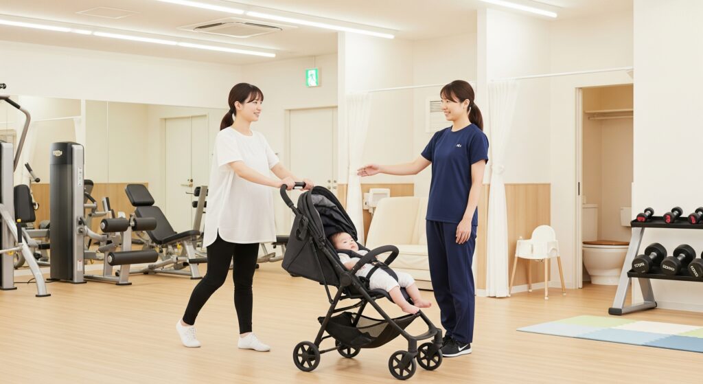 産後ダイエットでパーソナルジムに通い、トレーナーと話すママ