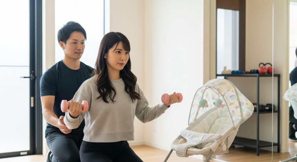 産後のダイエットに子連れでジムに通い、パーソナルトレーニングを行うママ
