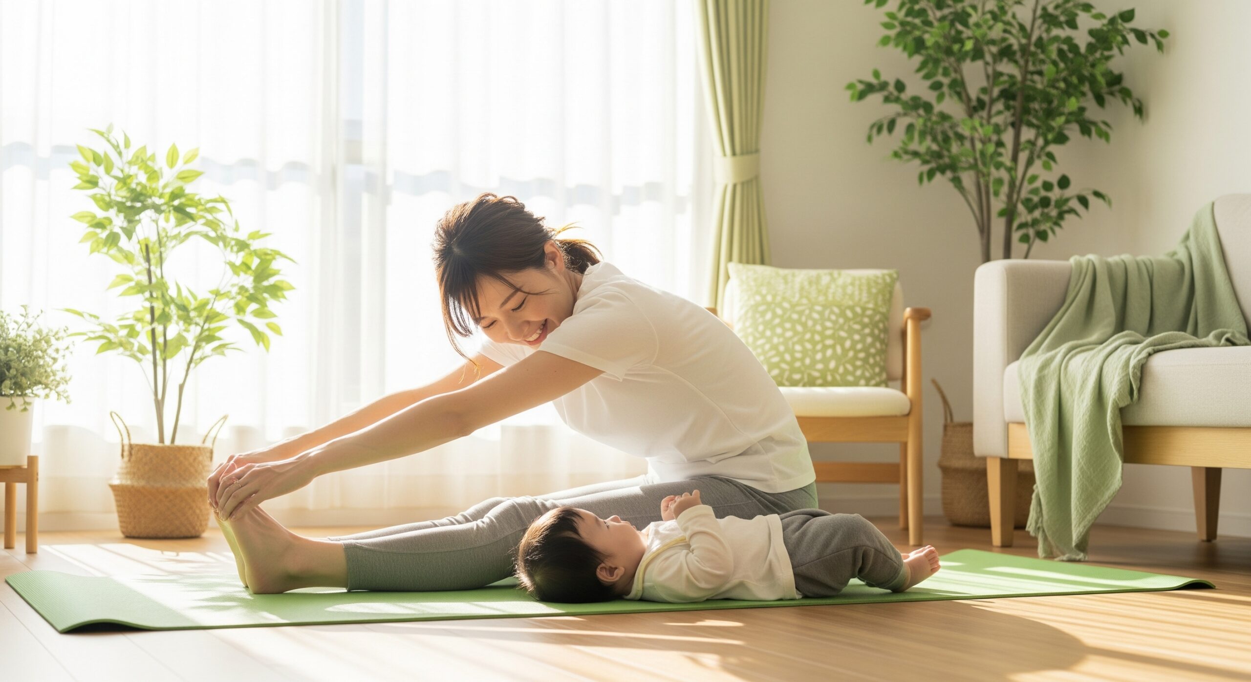 産後のママが赤ちゃんを横に寝かせて自宅でフィットネスをする様子