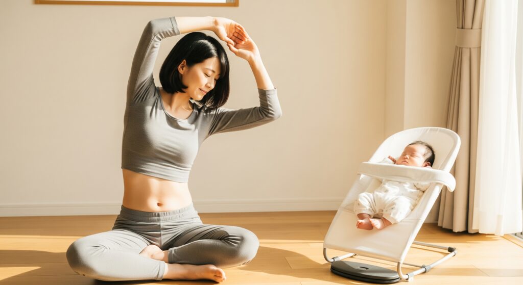 産後のダイエットのためにストレッチを行うママ