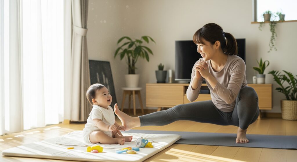 産後のママが赤ちゃんを横に座らせて自宅でフィットネスをする様子
