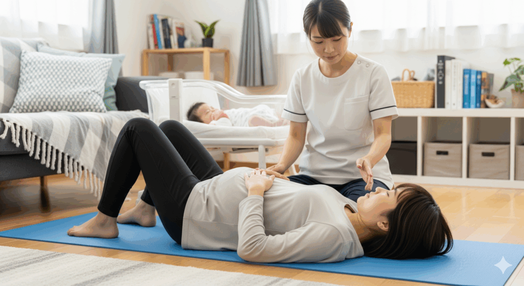 産後 1 ヶ月 ダイエット 方法の目安を助産師と確認する日本人ママが自宅で呼吸と骨盤底筋のセルフチェックを行う様子