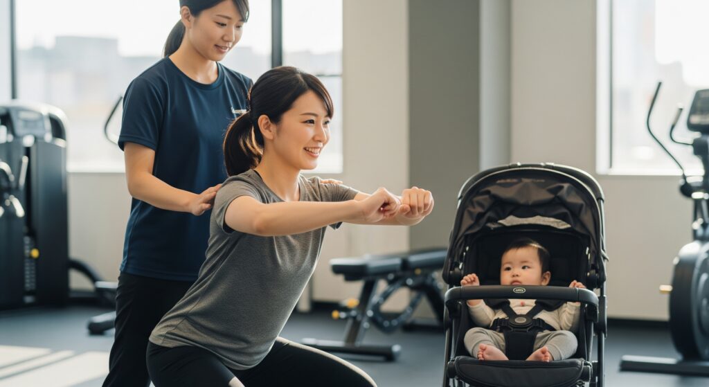 産後のトレーニングでパーソナルジムでスクワットを行うママ