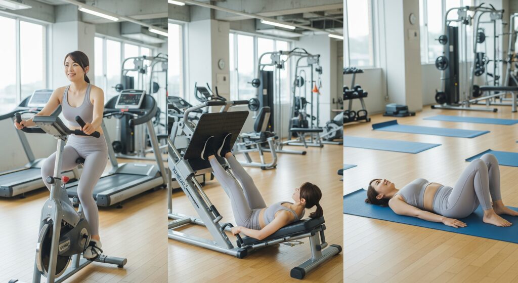 産後のトレーニングでジムに通い、トレーニングをする女性のコラージュ