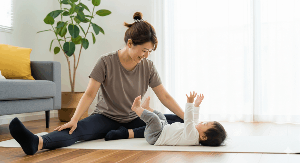 リビングで赤ちゃんと一緒にストレッチを楽しむ産後ママ。笑顔で育児 し ながら ダイエットを取り入れている様子。