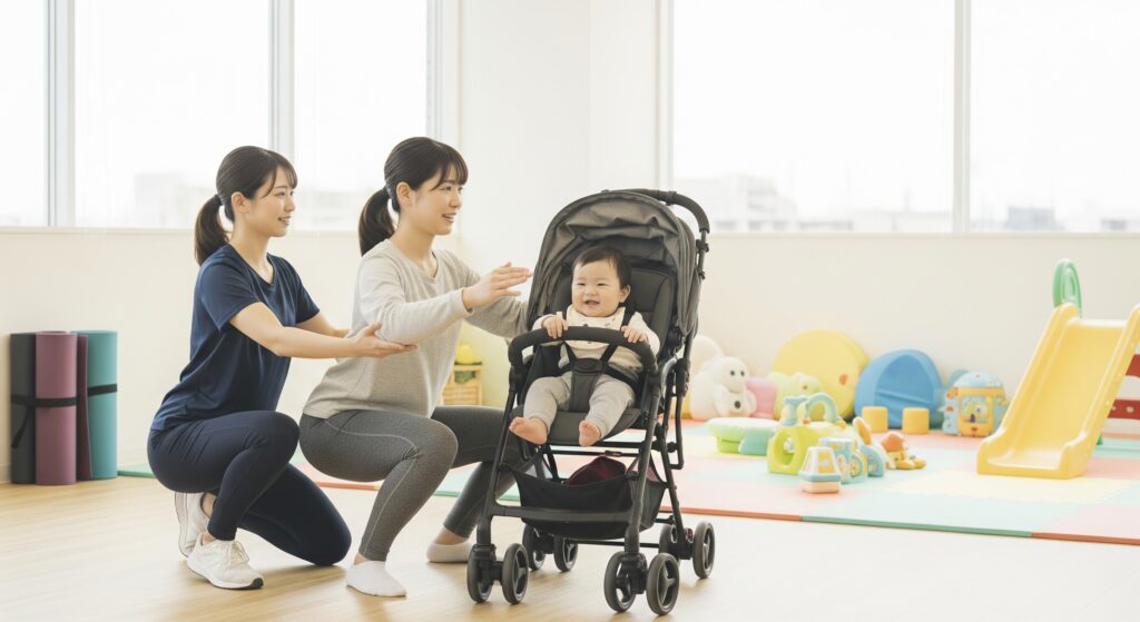 産後のダイエットでパーソナルトレーニングを受け、スクワットをする女性