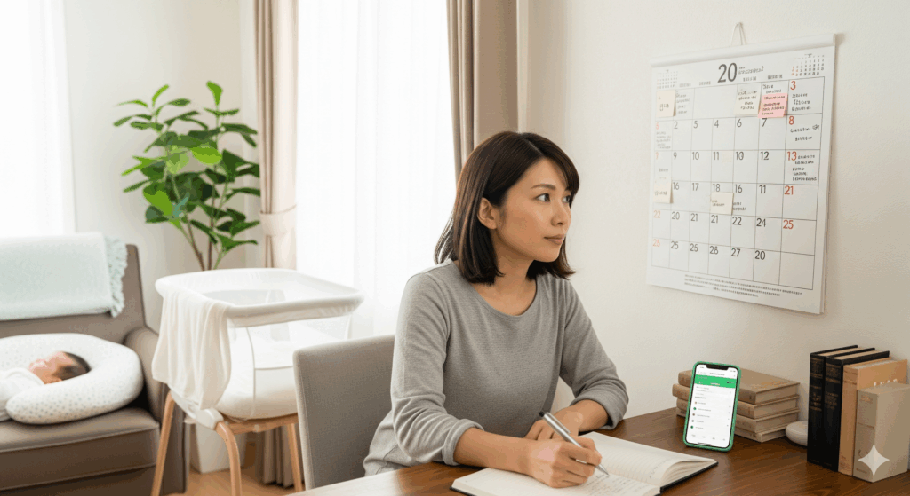 産後 お腹 痩せ ない と感じるママが、無理のない回復スケジュールをカレンダーに記入して段階的にお腹を引き締める準備をする様子