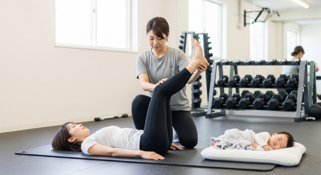産後のジム通いでパーソナルトレーニングを受けるママ