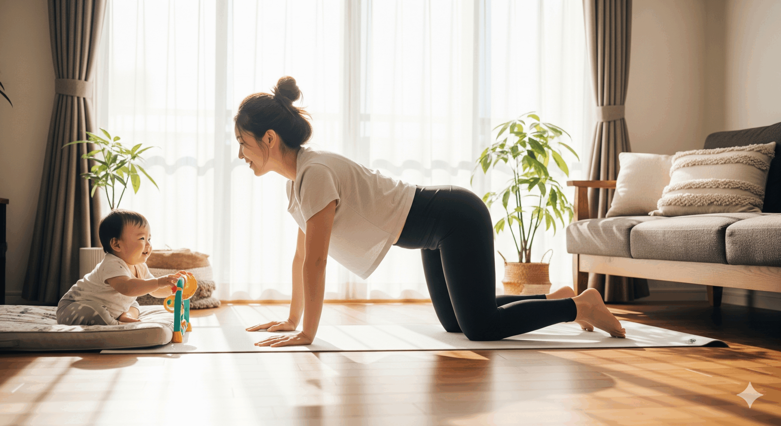 リビングで赤ちゃんを見守りつつヨガマットで背中ストレッチをする産後ママの様子。自然光の中で、育児 し ながら ダイエットを無理なく続ける日常シーン。