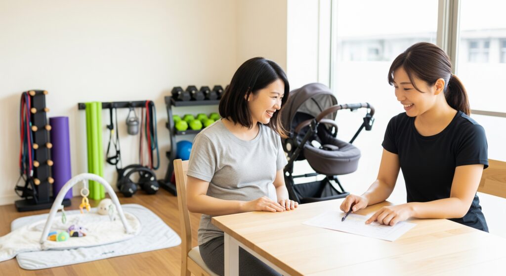 産後ダイエットでパーソナルジムに通いトレーナーに相談するママ