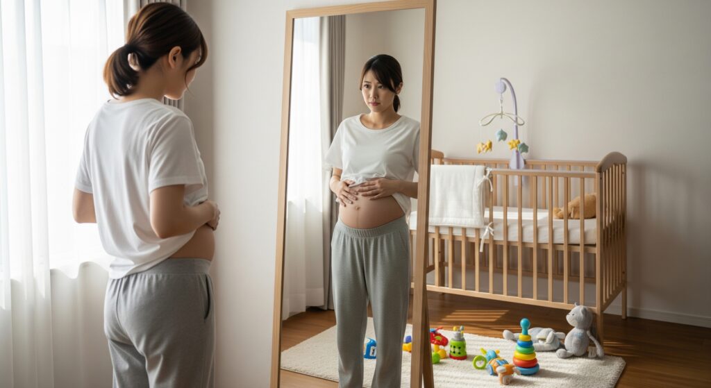 産後の自分の体型に悩みダイエットを決意するママ