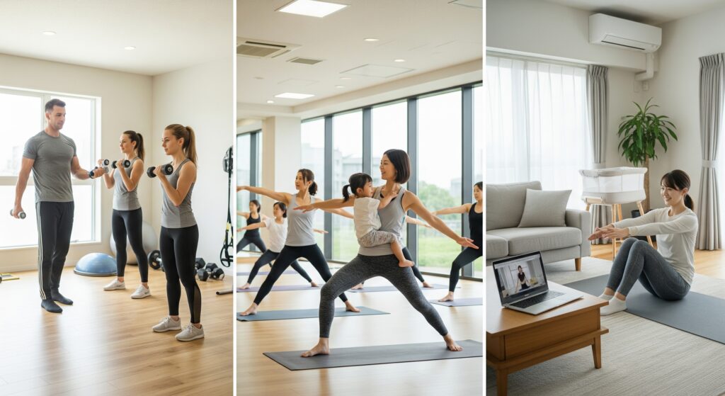 産後にジムへ行きたいママが様々なジムに通う様子