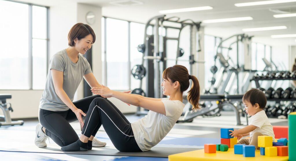 産後太りの解消のためジムに通いパーソナルトレーニングを受けるママ