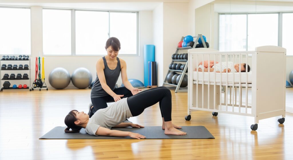 産後のダイエットでパーソナルトレーニングでストレッチをするママ