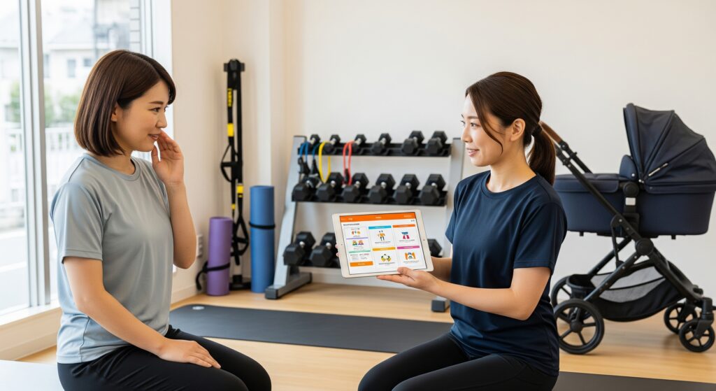 産後のダイエットでパーソナルトレーニングを受け、トレーナーから説明を受ける女性