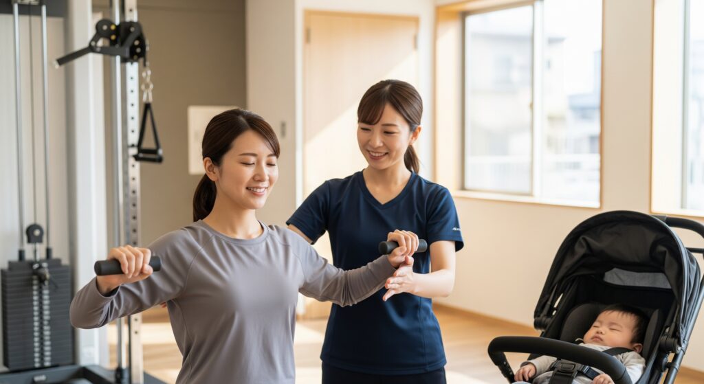 産後のトレーニングでパーソナルジムでトレーナーに指導を受けるママ