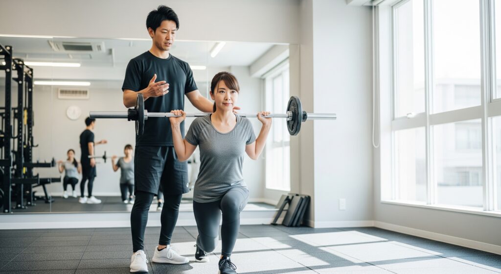 出産後にパーソナルジムへ通いトレーナーの指導を受けてスクワットをするママ