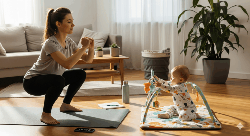リビングで赤ちゃんを見守りながらヨガマットでスクワットを行う産後ママの様子。スマホで時間を測り、ノートに記録を残す姿は、育児 し ながら ダイエットを無理なく続ける日常シーン。