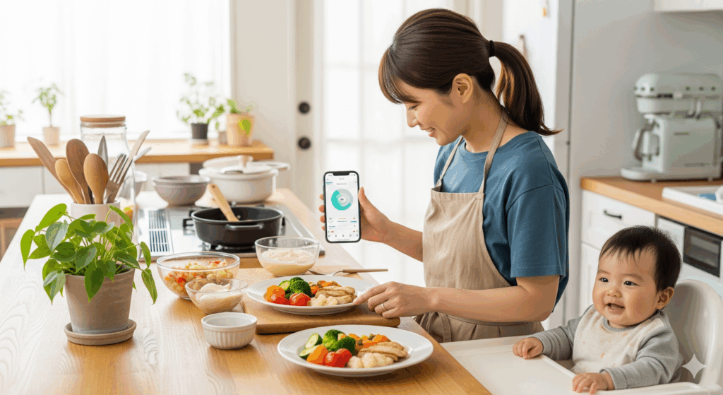 キッチンで赤ちゃんの離乳食を準備しながら、自分の食事に野菜とたんぱく質を盛り付ける産後ママ。スマホで記録も確認し、育児 し ながら ダイエットを無理なく続ける日常シーン。