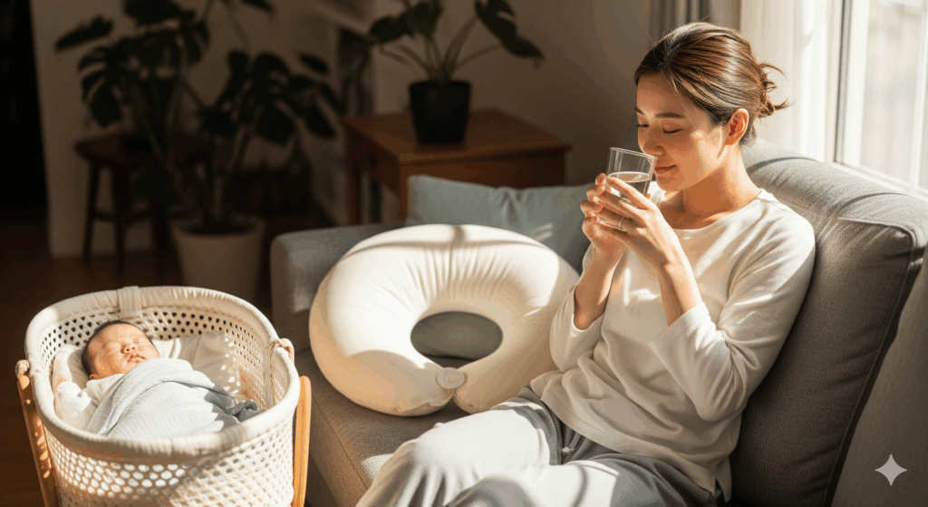 産後 1 ヶ月 ダイエット 方法の一環として水分補給と休養を意識する日本人ママの様子