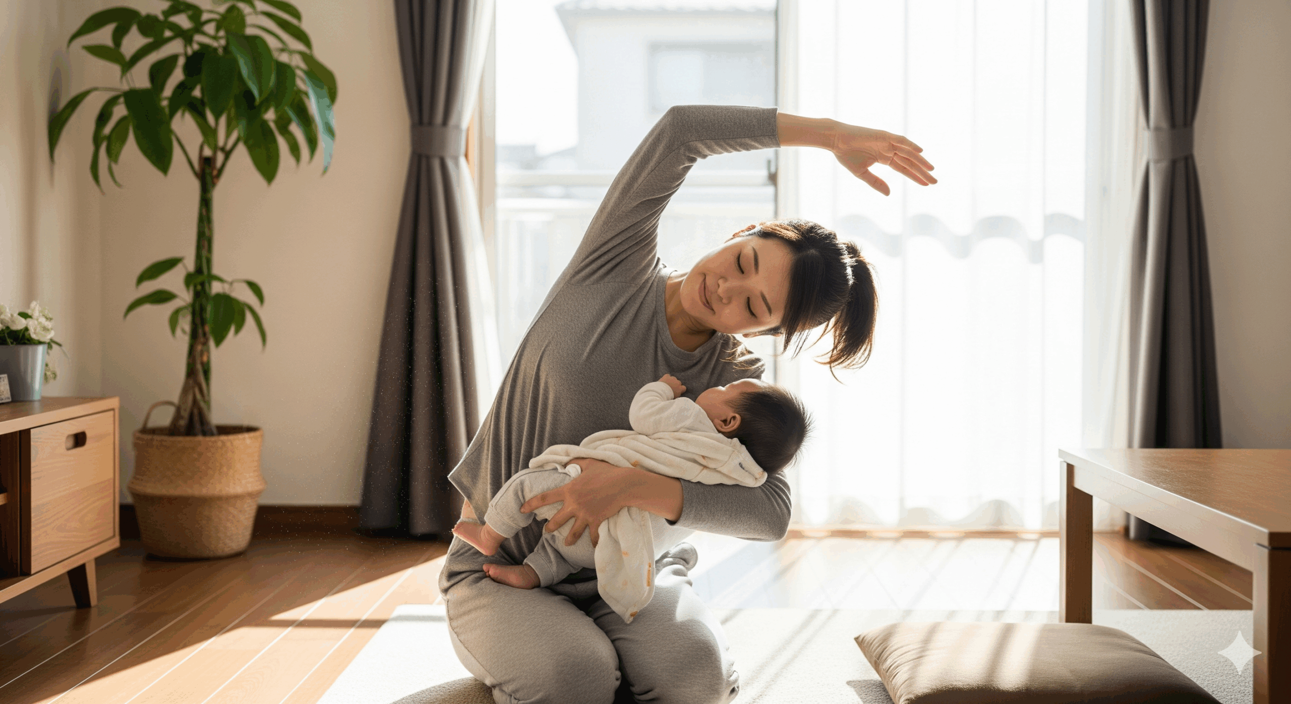 産後 1 ヶ月 ダイエット 方法として赤ちゃんと一緒に自宅で軽くストレッチをする日本人ママの様子