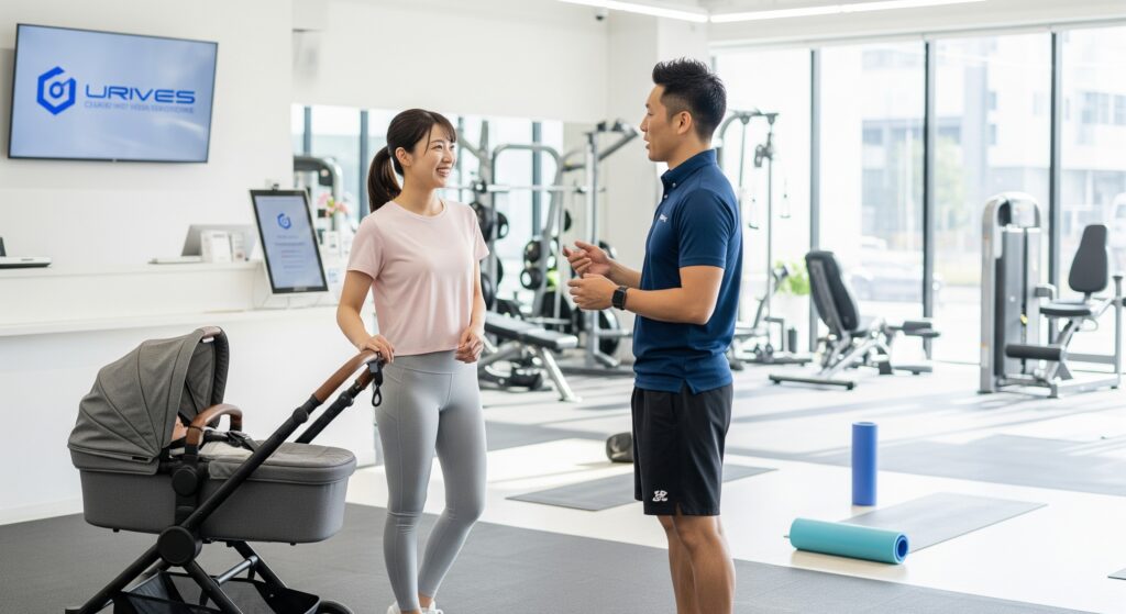 産後にジムへ行きたいママがトレーナーに質問する様子