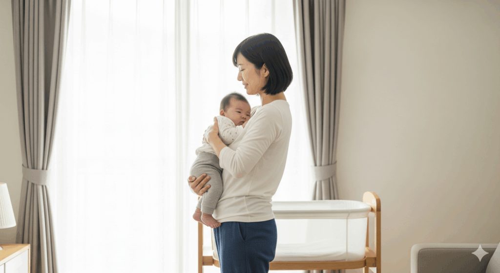 産後 お腹 痩せ ない 原因を改善するために、赤ちゃんを抱っこしながら正しい姿勢で体幹を意識するママの様子