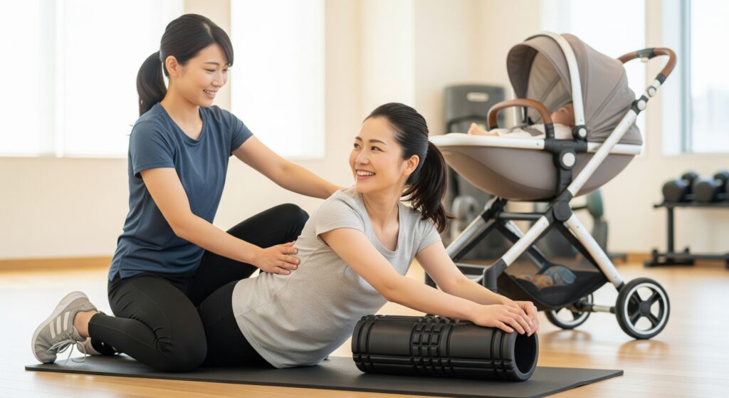 産後のダイエットでパーソナルトレーニングを受け、姿勢改善を行う女性