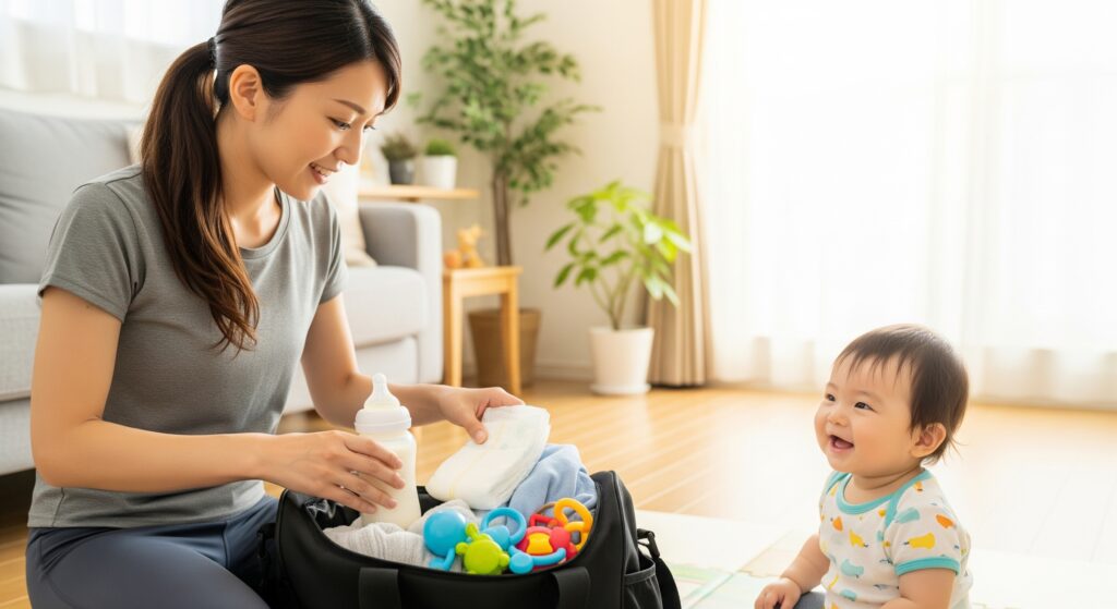 子連れOKのジムで産後トレーニングを行う準備をするママ