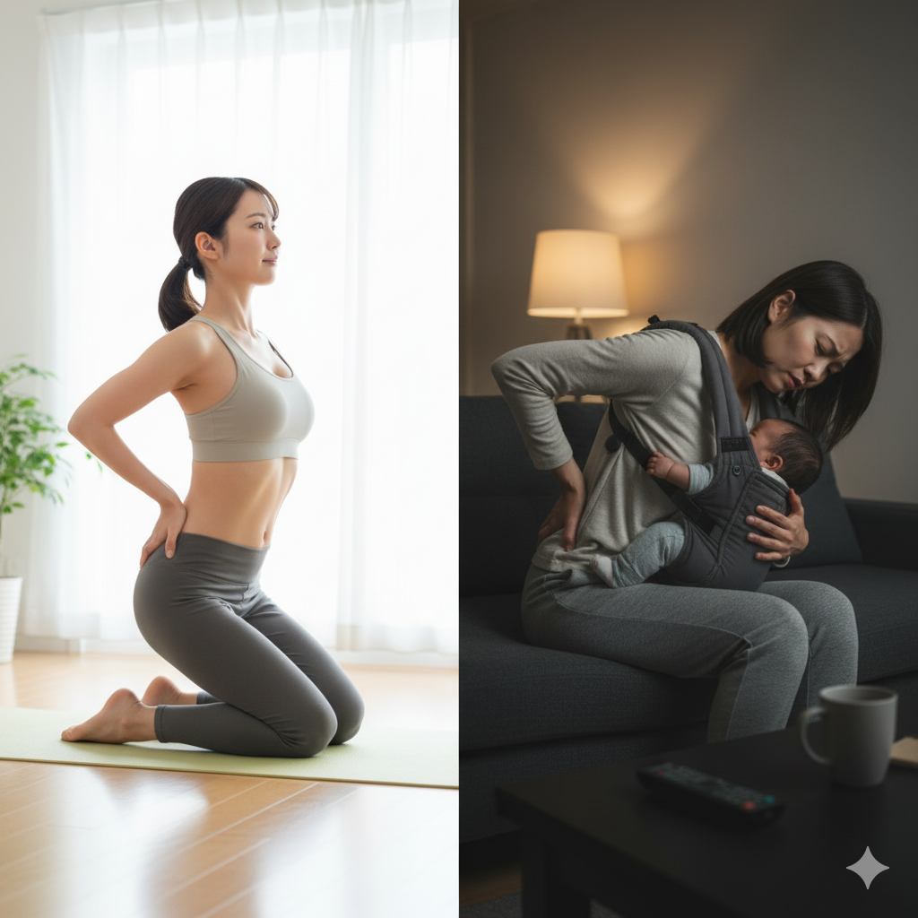 骨盤や姿勢を整えて痩せる産後ママと、骨盤の歪みで痩せにくい産後ママを比較したイメージ
