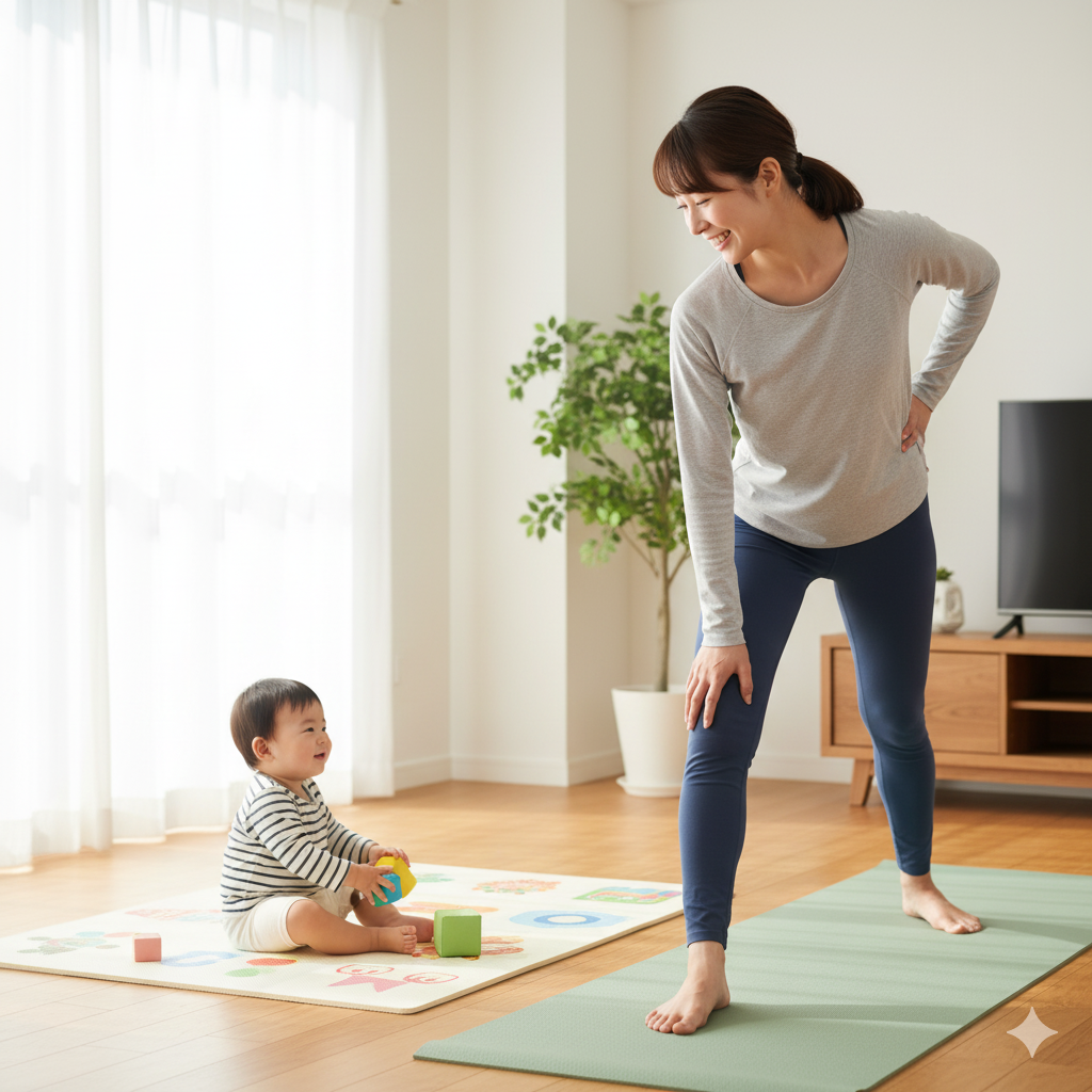 産後10〜12ヶ月の日本人ママが赤ちゃんと一緒にリビングでヨガをしている。笑顔で運動を生活に取り入れている様子。
