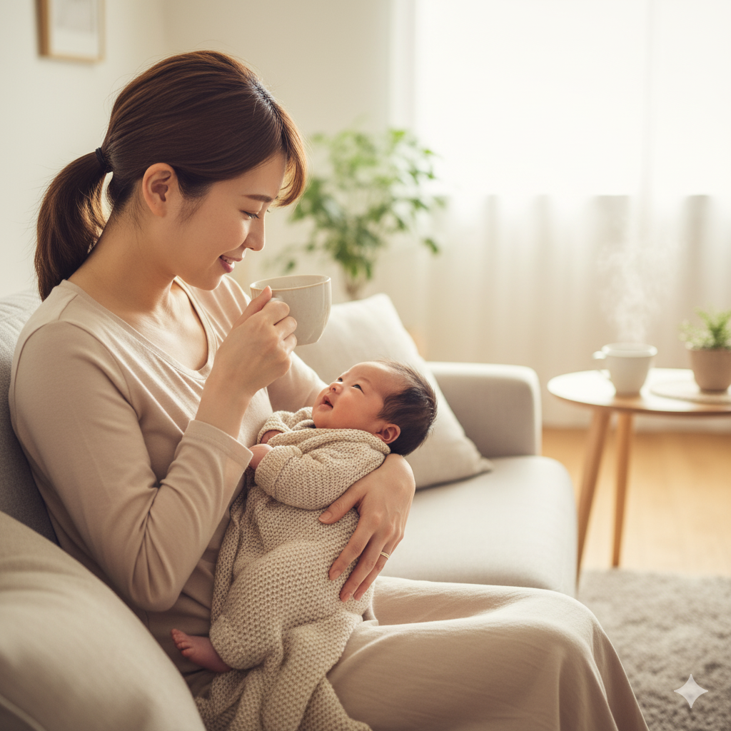 産後の日本人ママが赤ちゃんを抱きながらコーヒーを飲んでいる様子