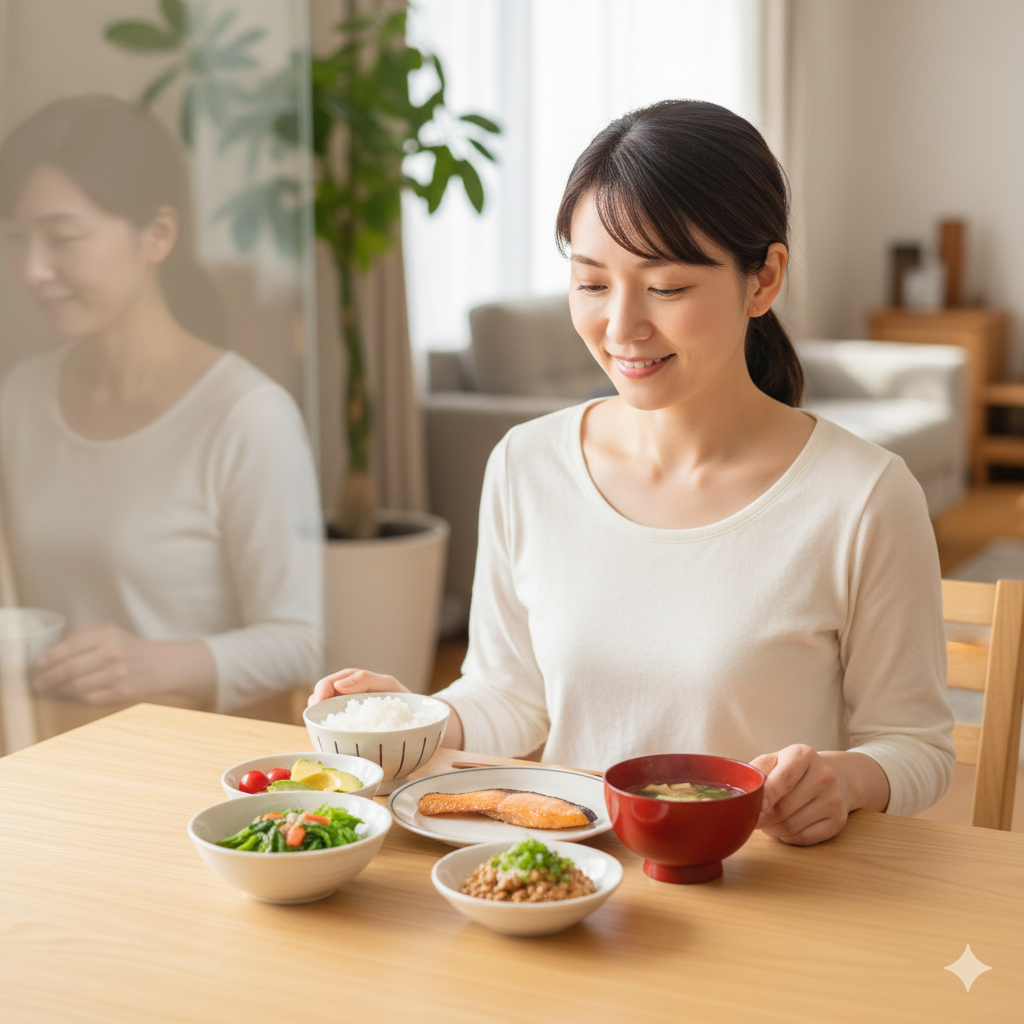 帝王切開後の産後ママがお腹ケアのために栄養バランスの良い食事をしている様子
