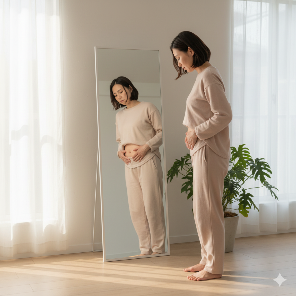 帝王切開後のお腹がへこまない原因に悩む産後ママの様子
