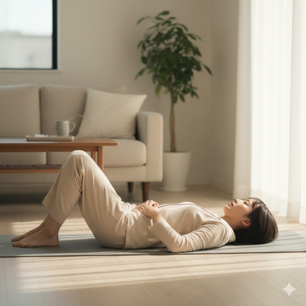 帝王切開後にお腹をへこませるため、骨盤ケアのストレッチをする産後ママ
