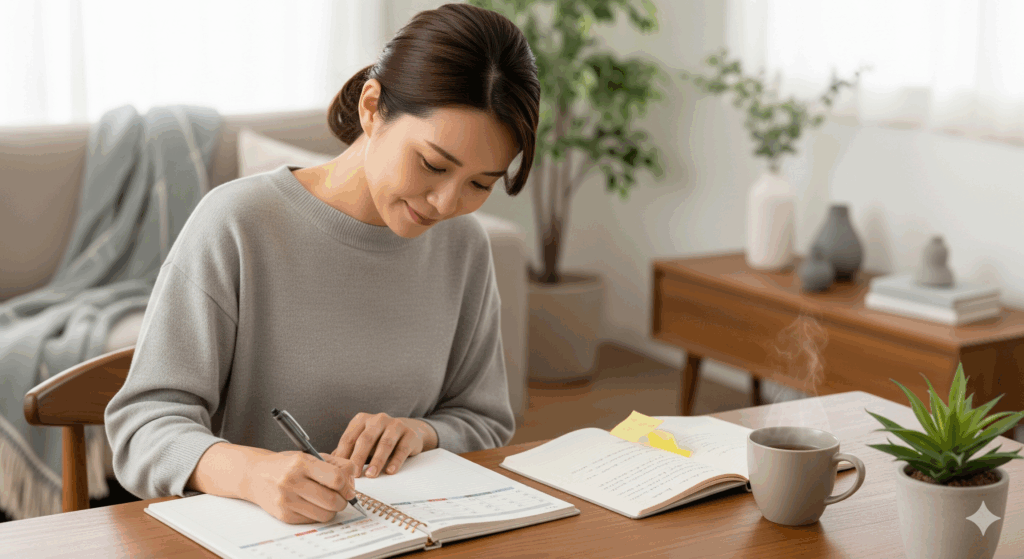 産後の子宮と骨盤の回復スケジュールをカレンダーで確認する日本人ママ
