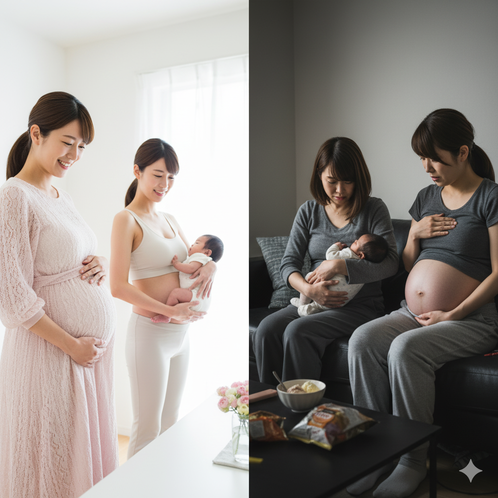 授乳で痩せる人と痩せない人を比較したイラスト。健康的に体型を戻すママと、お菓子を食べながら体型が戻らないママ