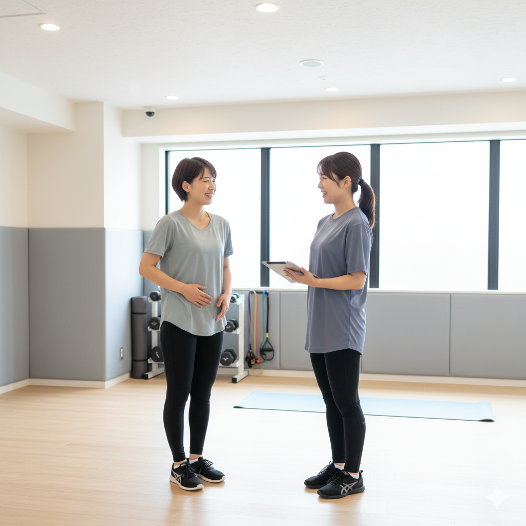 帝王切開後の産後ママが女性トレーナーと安心してカウンセリングを受けている様子
