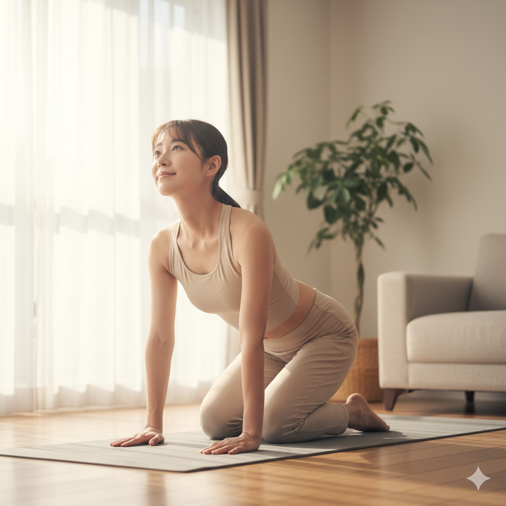 帝王切開後のお腹引き締めに安全なキャット＆カウストレッチをする産後ママ
