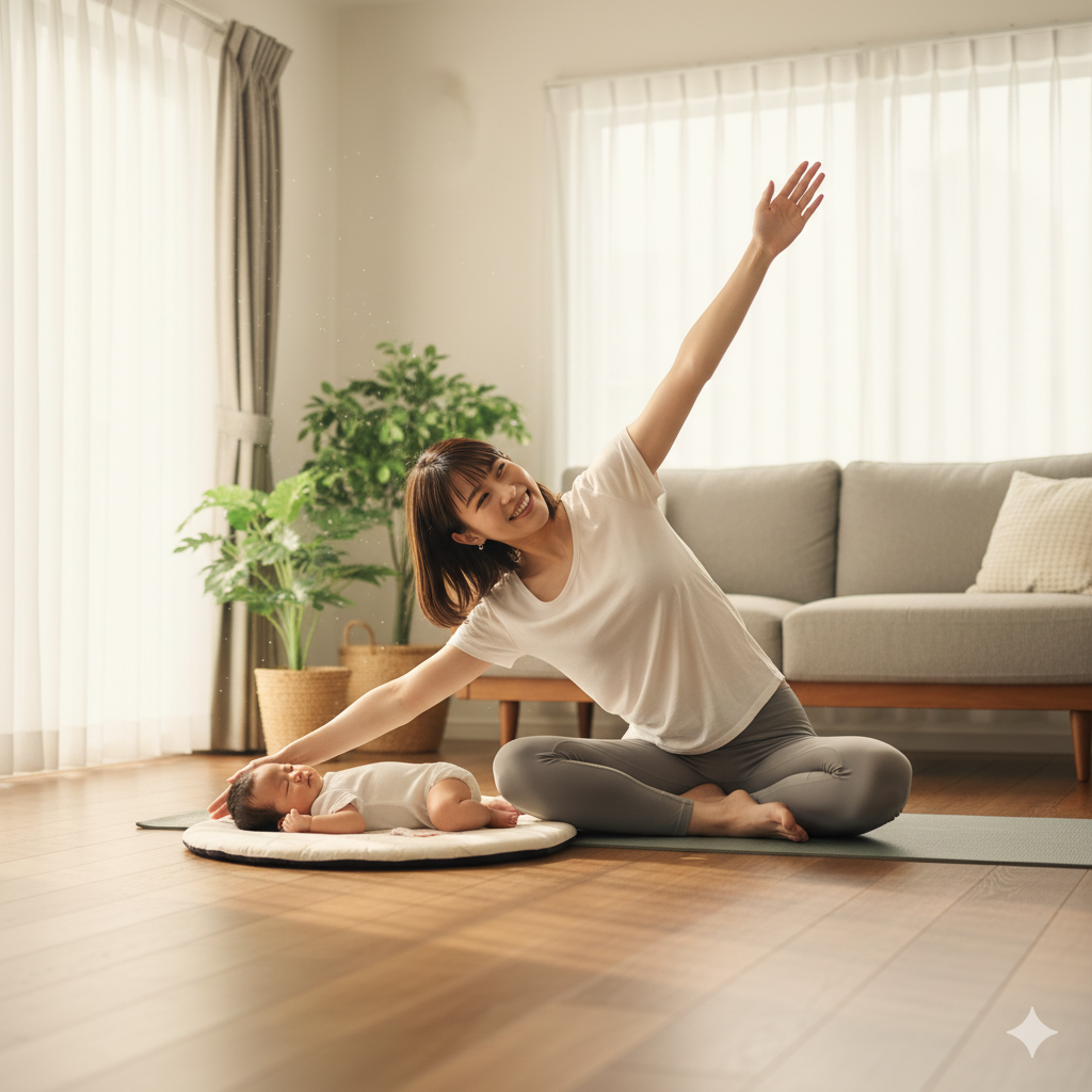 産後のママが赤ちゃんのそばでストレッチをしているイメージ写真