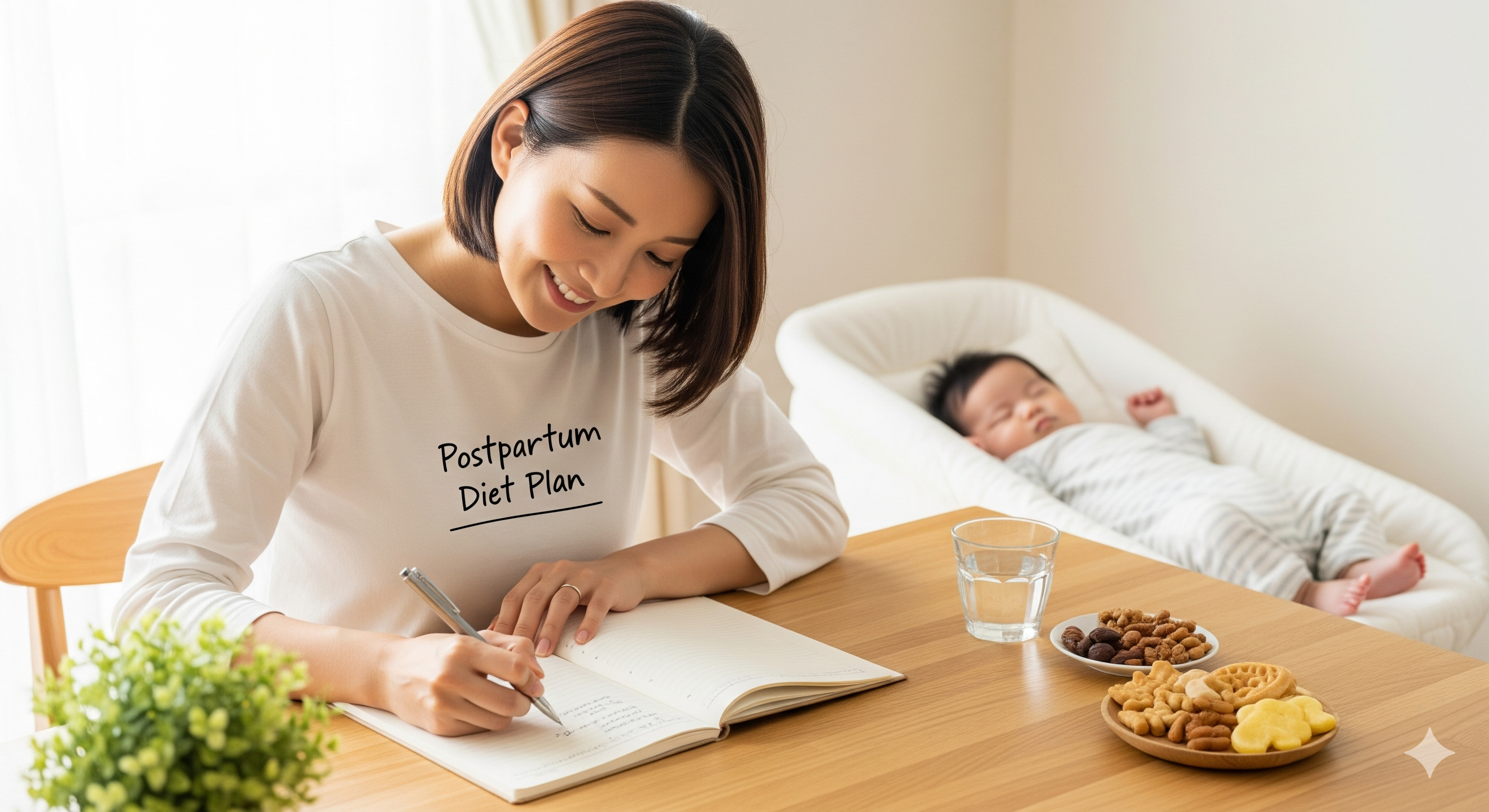 産後のダイエットでマイナス 10 キロを達成するために、長期的な計画を立てるママの様子
